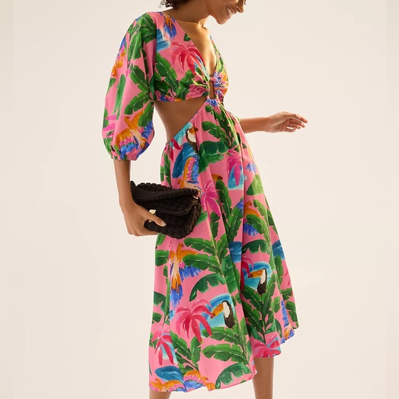 FARM Rio Dresses & Skirts - FARM Rio x Anthropologie Tropical Print V-Neck Cutout Midi Dress, NWT, Size M